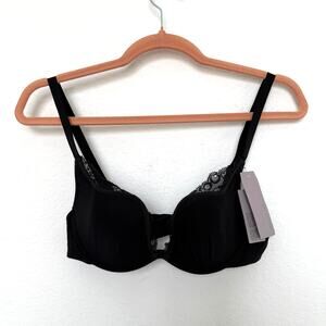 Huit Paris Womens Bra Sz 36A Black Lace Trim Underwire Balconette Coquette‎ Chic